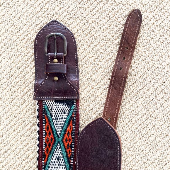 Anthropologie Double Buckle Western Cinch Belt Sz M Brown Leather, Woven Fabric main image 4
